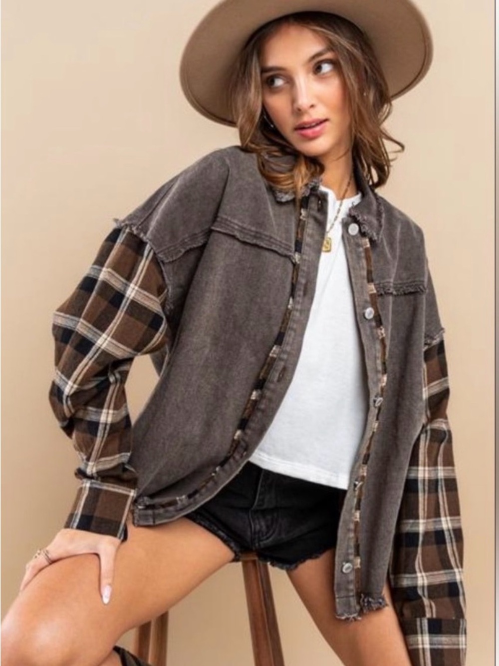 Chic Denim Washed Brown Contrast Frayed Jacket